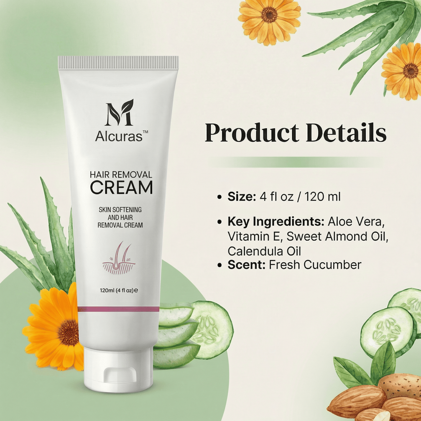 Alcuras™Purely Natural Pain-Free Hair Removal Cream|Hair-Free Skin in Just 10 Minutes — No Razor Needed
