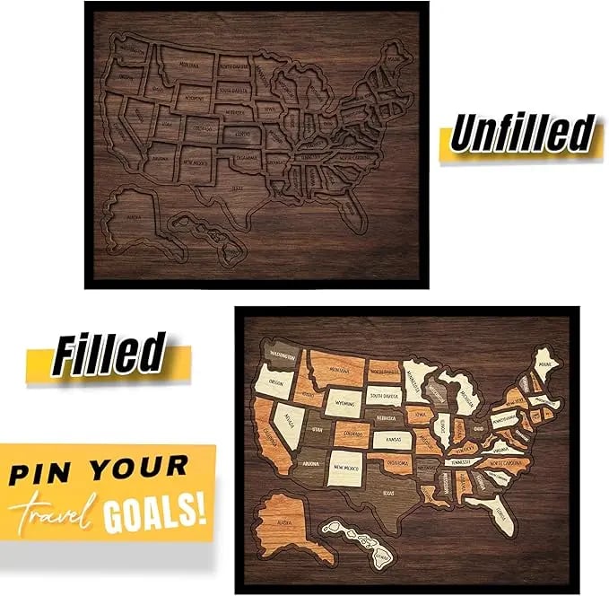 Wooden USA Travel Map Puzzle 🧭 | Push Pin Adventure Wall Decor & Memory Display Gift