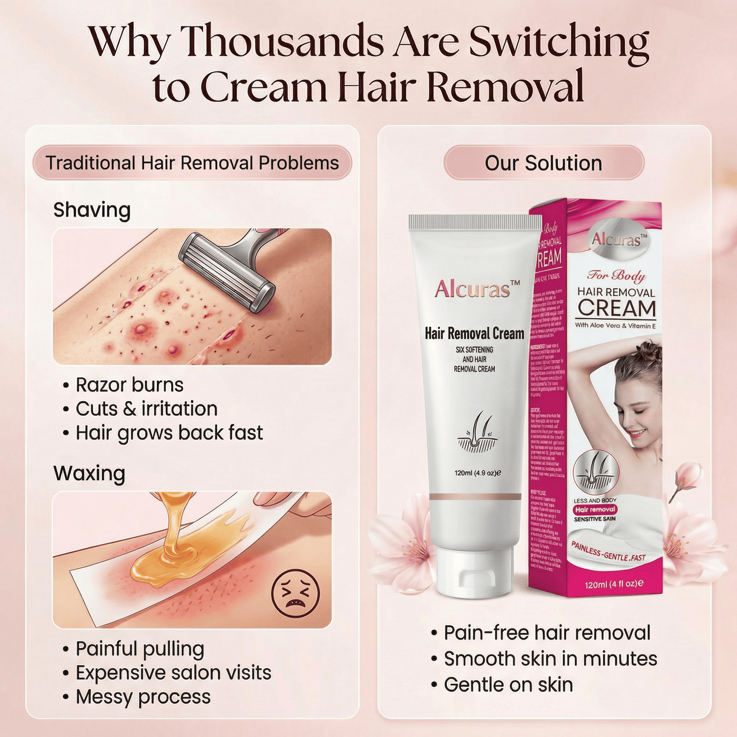 Alcuras™Purely Natural Pain-Free Hair Removal Cream|Hair-Free Skin in Just 10 Minutes — No Razor Needed