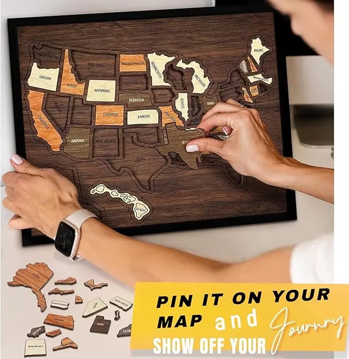 Wooden USA Travel Map Puzzle 🧭 | Push Pin Adventure Wall Decor & Memory Display Gift